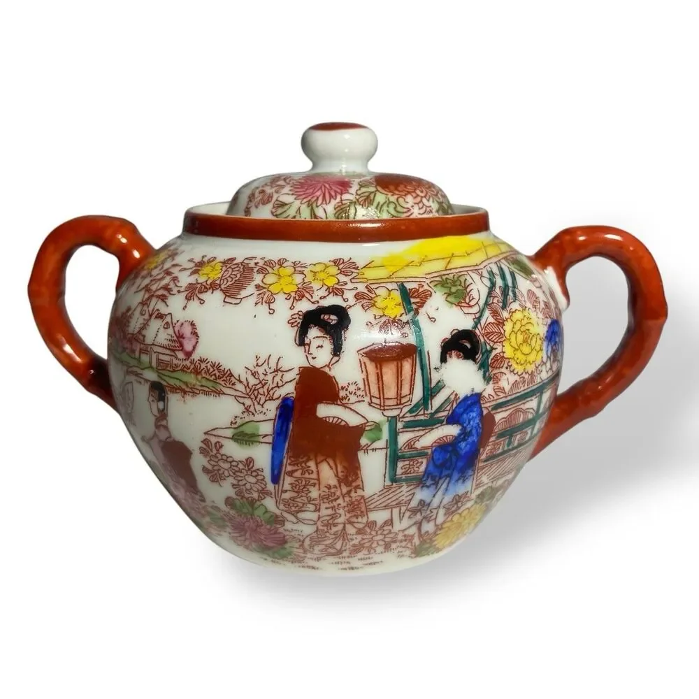 Antique Japanese Kutani Porcelain Tea Set Teapot Sugar Bowl Creamer Floral